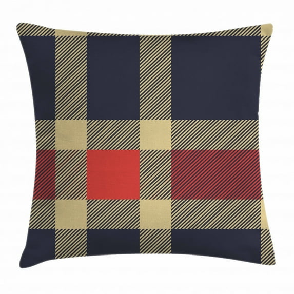 Checkered Throw Pillow Cushion Cover, Vintage Plaid Tartan Pattern Design Retro Display Checks Cross Lines, Decorative Square Accent Pillow Case, 16 X 16 Inches, Dark Blue Coral Cream, by Ambesonne