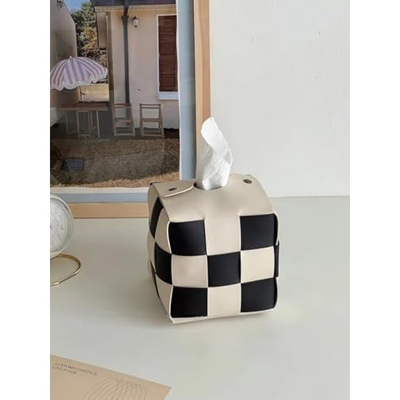 Checkered Tissue Box Cover, US Size Square Tissue Box Holder PU Leather Decorative Tissue Storage Box Suitable for Livingroom, Bathroom, Dressing Table Countertop ([Square]-White)