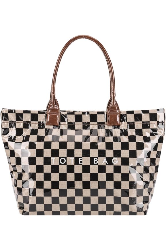 Checkered Tote Bag Women's PVC Tote Bag with Zipper Plastic Letters Print Hobo Handbag Checkered Purse for Work