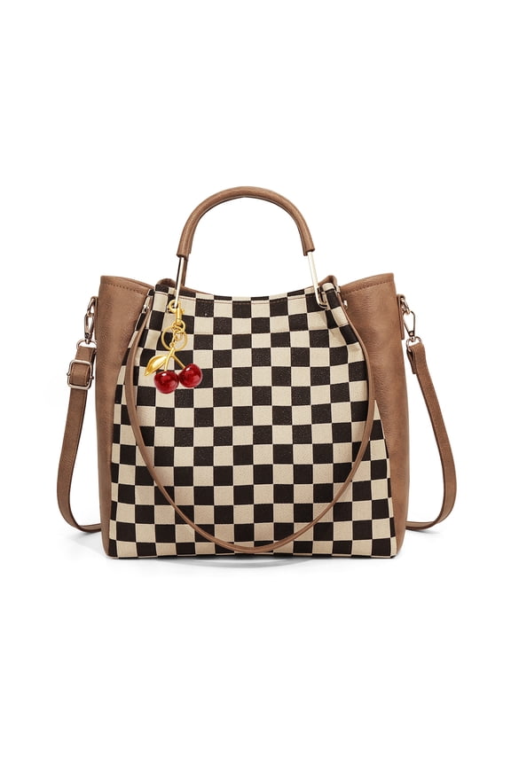 Checkered Tote Bag for Women, Large PU Shoulder Bag with Adjustable Strap, Zipper Pocket and Top Handle