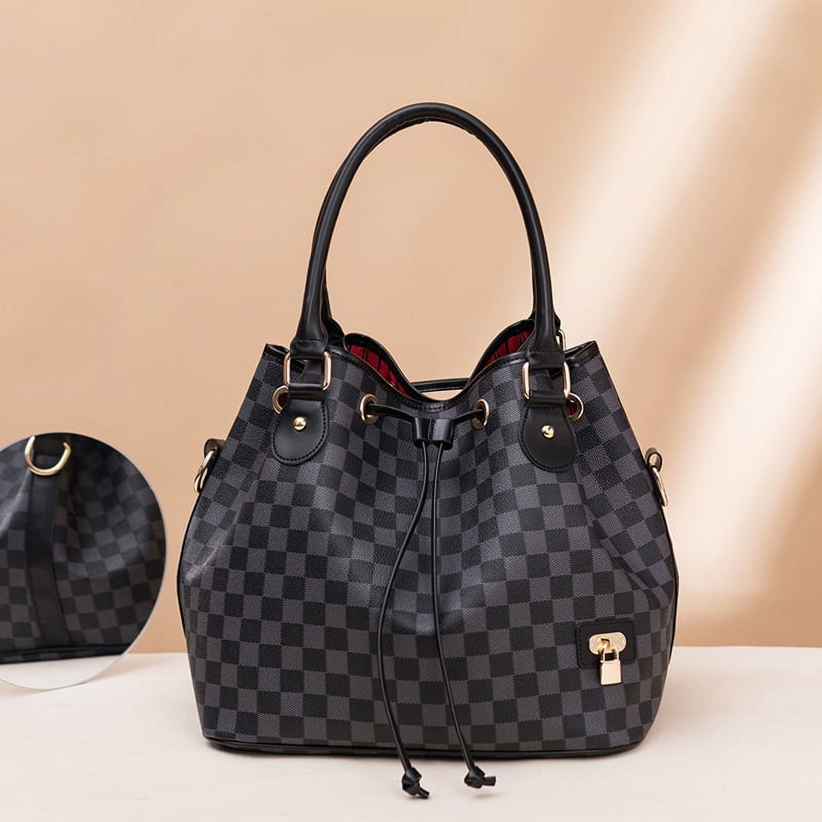 Richports checkered tote shoulder handbags bag with inner pouch pu vegan leather deals