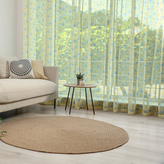 Checkered Tulle Curtains with Rod Pocket, Pattern with Daisy Flower and Butterflies, Sheer Drape for Wedding Party 2 Panels, 7 Sizes, Pale Blue Pale Blue, by Ambesonne