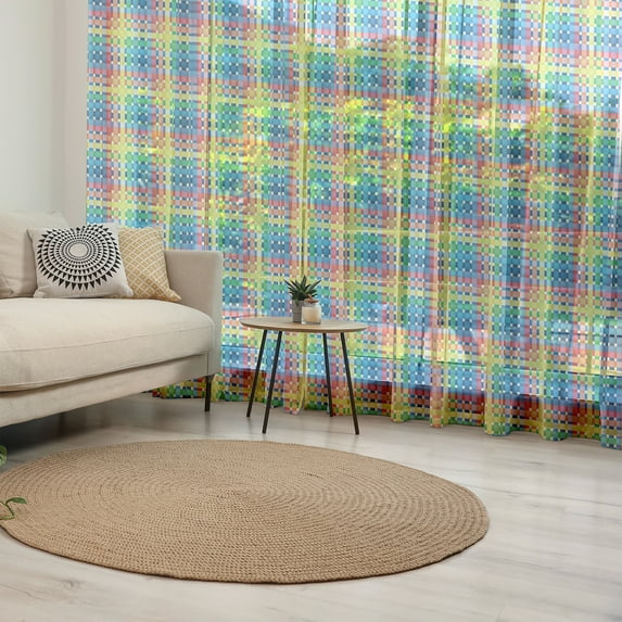 Checkered Tulle Curtains with Rod Pocket, Rainbow Colors Contiguous Big and Small Squares in Watercolor Style Geometrical, Sheer Drape for Wedding Party 2 Panels, 7 Sizes, Multicolor, by Ambesonne