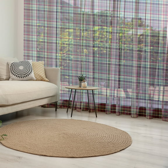 Checkered Tulle Curtains with Rod Pocket, Vintage Scotland Pattern in Purple Tones Abstract Retro Traditional Tile, Sheer Drape for Wedding Party 2 Panels, 7 Sizes, Cream Blue Purple, by Ambesonne