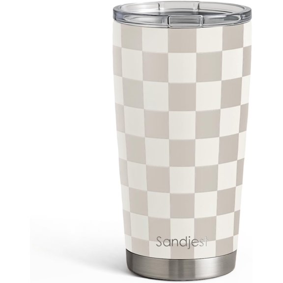 Checkered Tumbler 20oz Stainless Steel Insulated, Checker Travel Coffee Cup, Bow Gifts for Women Girls Teen, Birthday Christmas (Beige)