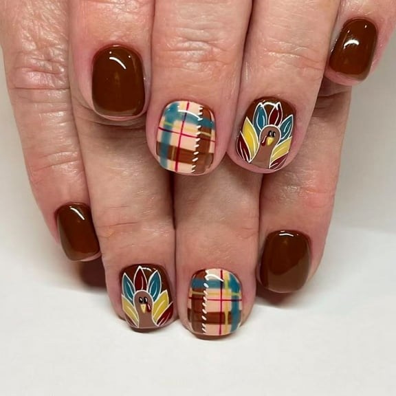 Checkered Turkey Design Short Square Press On Nails ABS Thanksgiving Party Fake Nails Lovely