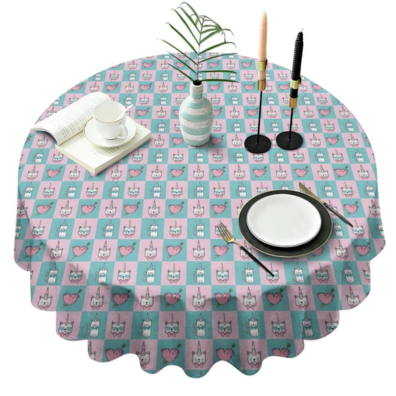 Checkered Unicorn Cat Pattern Round Tablecloth 60"x60",Wrinkle Wipeable Table Cloth for Kitchen Dining Room Picnic Patio Party
