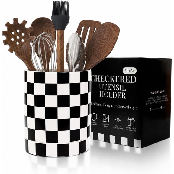Checkered Utensil Holder for Kitchen Counter Ceramic Utensil Holder for Checkered Kitchen Decor - Black and White Utensil Holder with Drainage Holes & Cork Base - Spatula Holder for Counter 7x6"