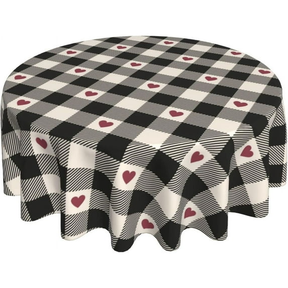 Checkered Valentines Tablecloth Round 60 Inch,Black Plaid Table Cloth,Stain Resistance Polyester Red Heart Valentine''s Day Table Covers for Kitchen Dining,Small Tablecloth for Parties Picnic