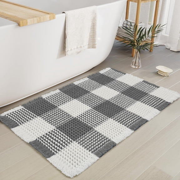 Checkered Waffle Bath Mat, Super Absorbent Boho Farmhouse Bathroom Rugs Non Slip Washable, Ultra Soft Bath Rugs Mats with Tassels for Bathroom Floor, Grey White, 18"x30"