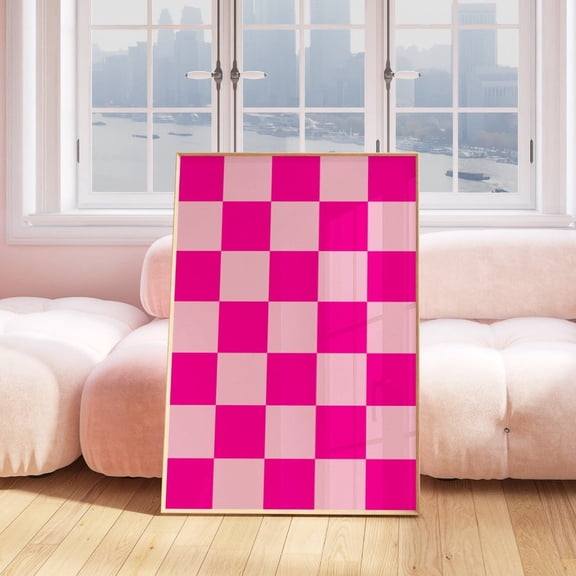 Checkered Wall Art Hot Pink Geometric Retro Funky Checkerboard Decor Unframed Paper Print
