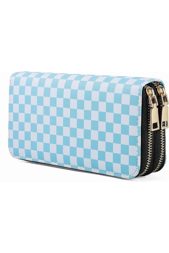 Checkered Wallets for Women Cute Large Capacity Blue Female Plaid Purse 2 Zippers Credit Card Holder
