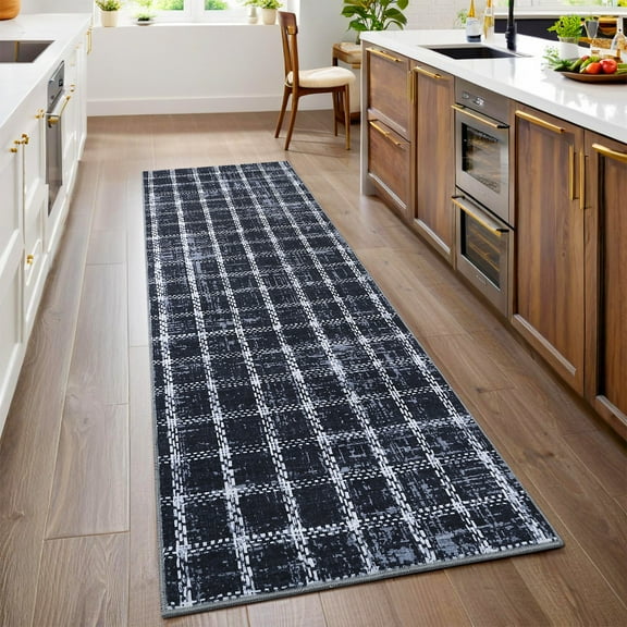 Checkered Washable Area Rug - Non-Slip Low Pile Geometric Print Carpet for Living Room, Bedroom, Dining Room