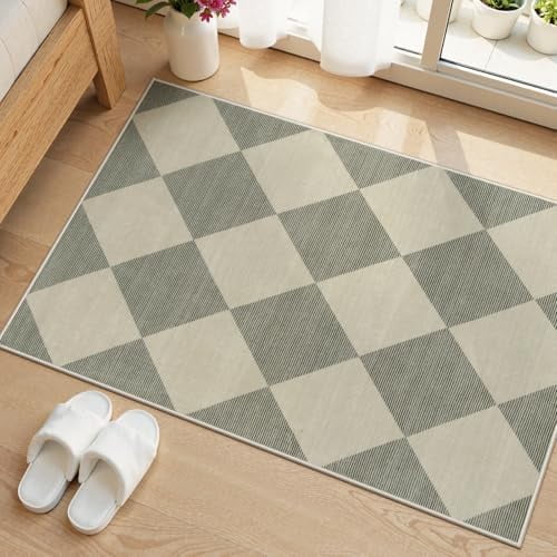 Checkered Washable Entryway Rug 2x3, Non Slip Ultra Thin Green Front Door Mat Indoor Entrance Low Pile Small Kitchen Rug, Moroccan Contemporary Decor Neutral Accent Carpet for Bedroom Bathroom