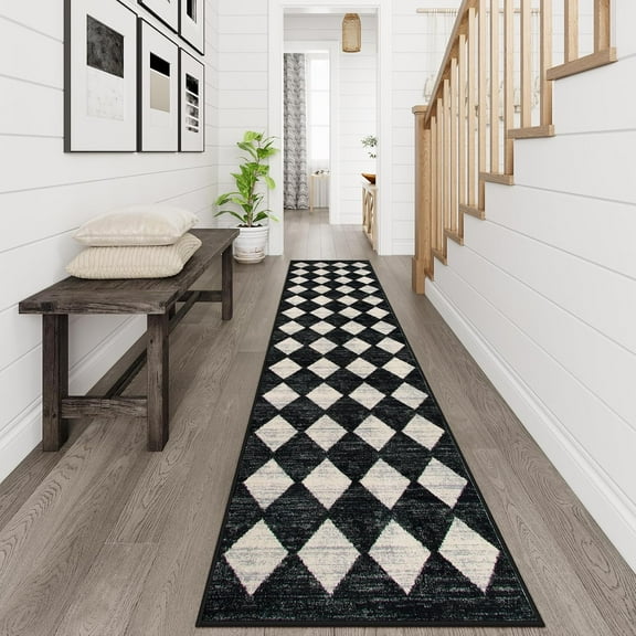 Checkered Washable Rug Runners for Hallways Non Slip,2x10 Black Kitchen Bathroom Runner Rug,Trellis Low Pile Indoor Carpet Runner for Bedroom Entryway Foyer(2'x10',Black)