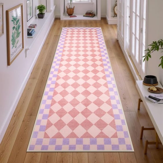 Checkered Washable Rug Runners for Hallways Non Slip,2x7 Black Kitchen Bathroom Runner Rug,Trellis Low Pile Indoor Carpet Runner for Bedroom Entryway Foyer