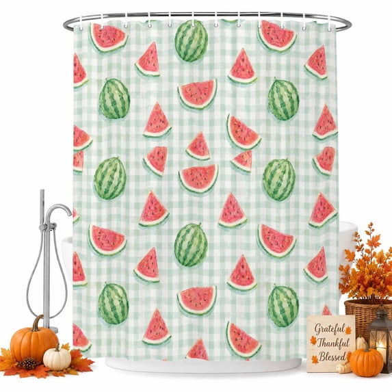 Checkered Watermelon Shower Curtain Set - 72" x 78" Washable Bathtub Curtain with 12 Hooks, Fruits Farmhouse Art Waterproof Fabric Stall Shower Curtains for Bathroom/Bathtub Décor