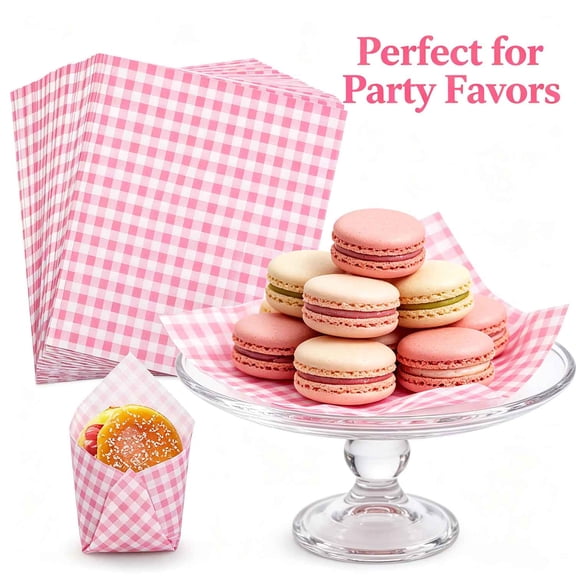 Checkered Waxed Deli Paper Sheets, Greaseproof Paper Basket Liners for Sandwiches, Burgers, Fries Wrapping for Party, Festival and Outdoors - Pink