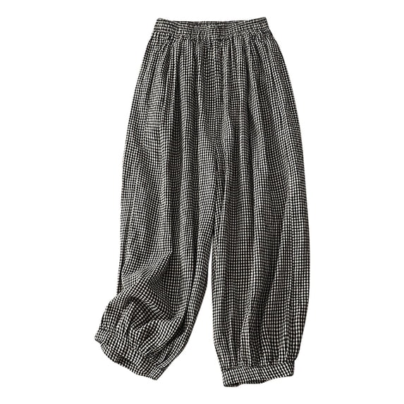 Checkered Wide Leg Linen Pants for Women Loose Elastic Waist Palazzo Pants with Pockets Summer Flowy Boho Vacation Pants Black