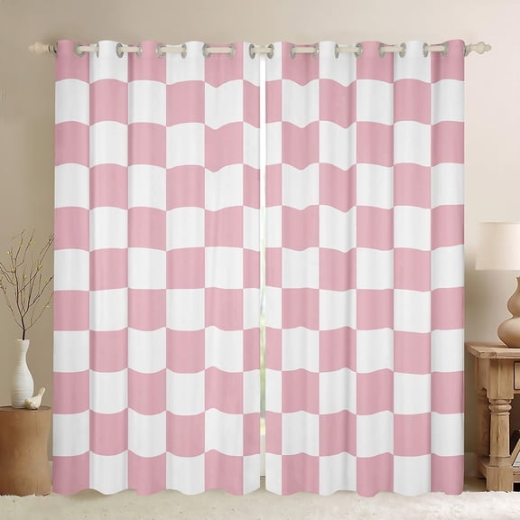 Checkered Window Curtains for Bedroom, Teen Pink Plaid, Cute Retro Checkerboard Geometric Vintage Aesthetic, 52"W x 63"L, 2 Panels