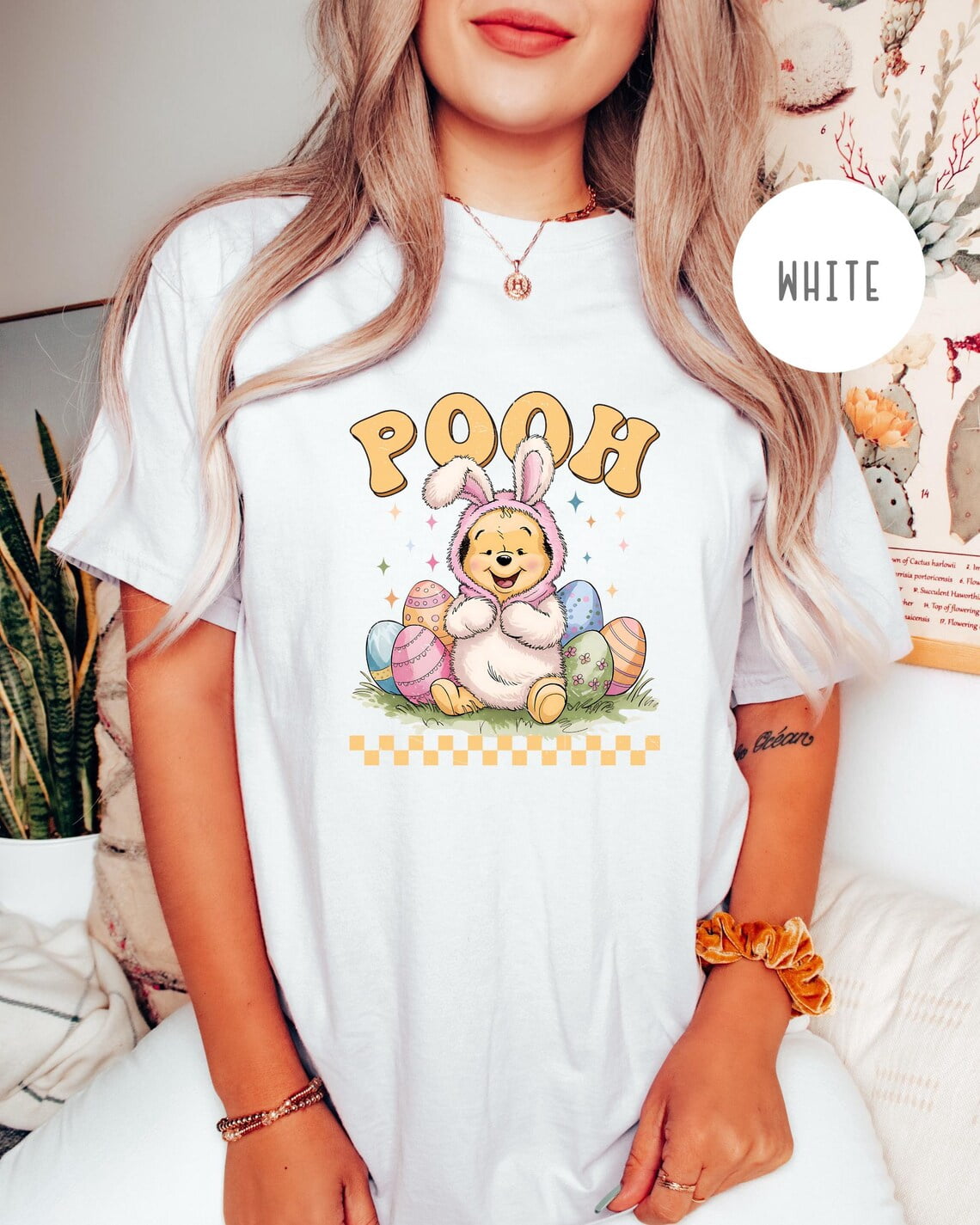Checkered Winnie The Pooh Bunny Easter Shirt, Pooh Bear Easter