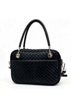 Checkered Woven Handbag for Women, Vegan Leather Top Handle Satchel Purse, Retro Checkerboard Crossbody Bag with Detachable Strap(Black )