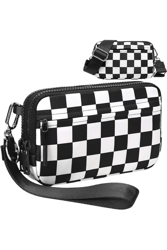 Checkered Wristle Wallets for Women with ID Window, RFID Cross Wallet with 4 Zippers,Phone & Card Storage