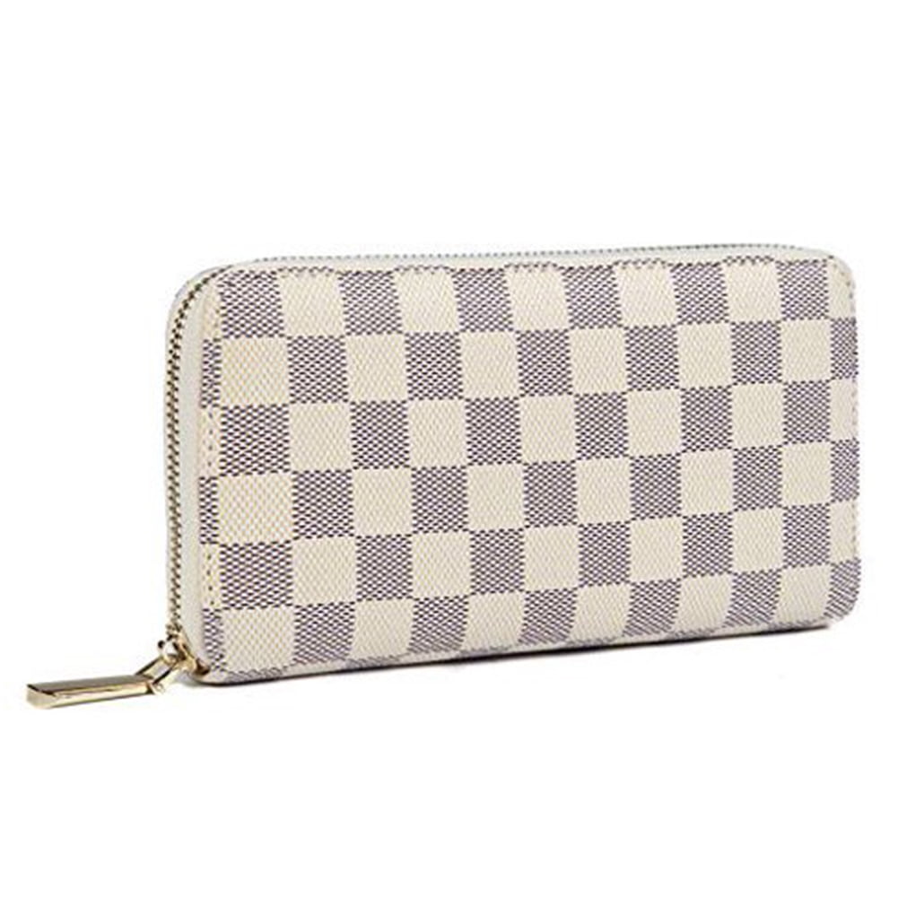 Checkered Zip Around Wallets for Women, Lady Phone Clutch Holder, PU  Leather RFID Blocking with Card Organizer, Milky White 