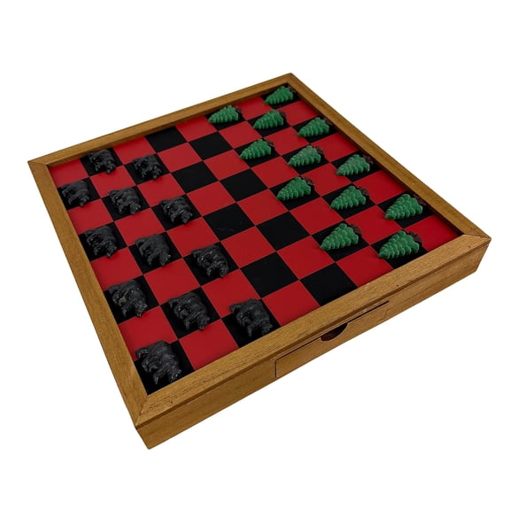Checkerboard Game Set Chesapeake Bay Rustic Wood Bears and Trees Storage Drawer