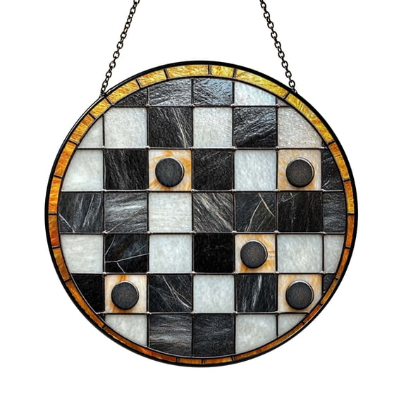 Checkers Board Stained Glass Suncatcher Window Hanging Decor, Strategy Board Game Art Glass Window Ornament, Round Checker Pattern Glass Panel Decoration, Classic Board Game Theme Window Decor Gift