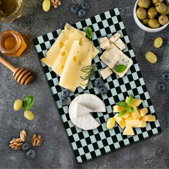 Checkers Game Cutting Board, Geometric Grid Style Monochrome Squares in Traditional Game Board Design, Decorative Tempered Glass Cutting and Serving Board, Small Size, Black White, by Ambesonne