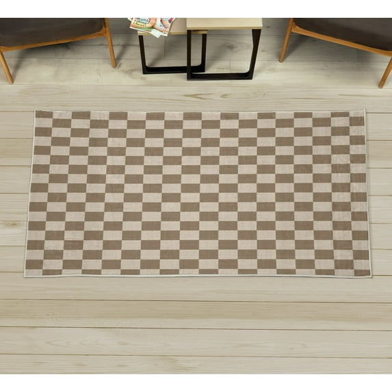 Checkers Game Decorative Rug, Geometric Grid Style Monochrome Squares in Traditional Game Board Design, Quality Carpet for Bedroom Dorm and Living Room, 6 Sizes, Beige Cream, by Ambesonne