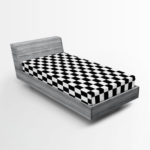 Checkers Game Fitted Sheet, Geometric Grid Style Monochrome Squares in Traditional Game Board Design, Decorative Soft Bedding All-round Elastic Pocket, Twin Size, Black White, by Ambesonne