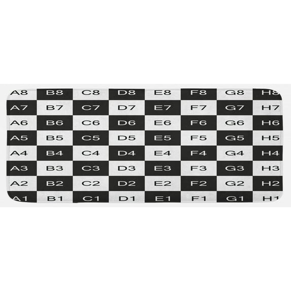 Checkers Game Kitchen Mat, Monochrome Chess Board Design with Tile Coordinates Mosaic Square Pattern, Plush Decorative Kitchen Mat with Non Slip Backing, 47" X 19", Black White, by Ambesonne