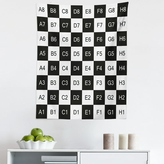 Checkers Game Tapestry, Monochrome Chess Board Design with Tile Coordinates Mosaic Square Pattern, Fabric Wall Hanging Decor for Bedroom Living Room Dorm, 5 Sizes, Black White, by Ambesonne