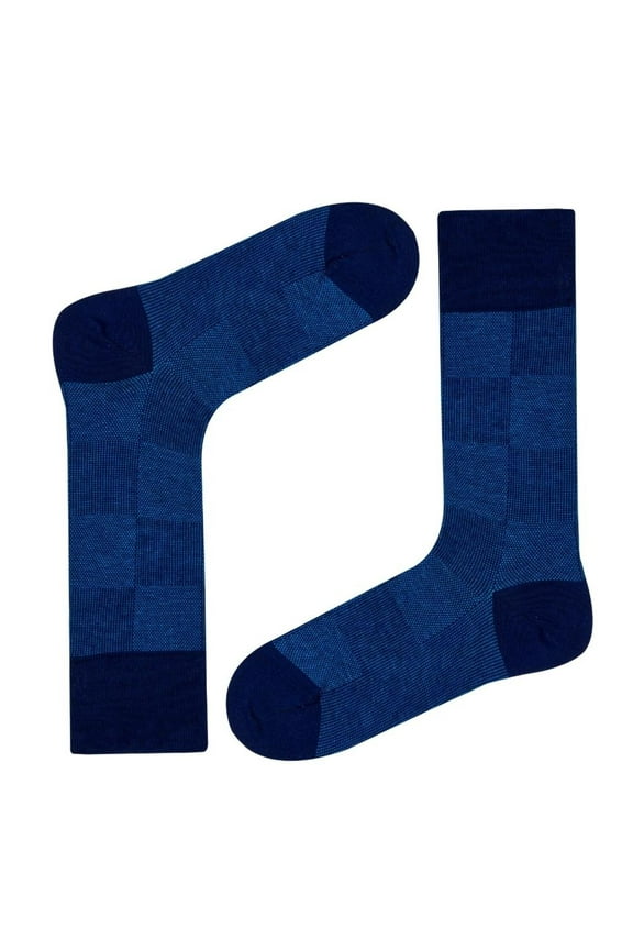 Luxury Organic Cotton Mid-Calf Dress Socks for Men Stay-Up Non-Slip Cuff - Checkers Blue