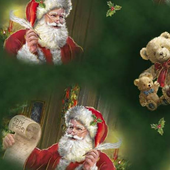 Checking it Twice Santa and Teddy Bears Forest Cotton Fabric (Yard)