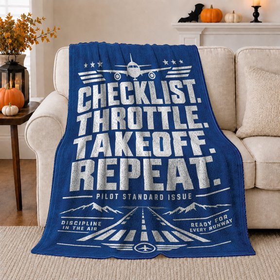 Checklist Throttle Takeoff Repeat Aviation Motto Pilot, Peaceful Mountain Lake Scene, Warm Flannel Blanket for Cabin and Lodge, Outdoor Lovers Thanksgiving Gift, Artistic Home Decor