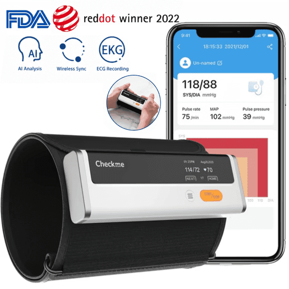Checkme BP2 Blood Pressure Monitor with EKG/ECG, 2-in-1 Bluetooth Upper Arm BP Machine with Wireless Blood Pressure Cuff, 30s Quick Measurement, Free App, FDA-Approved, Stores Readings, Home Use