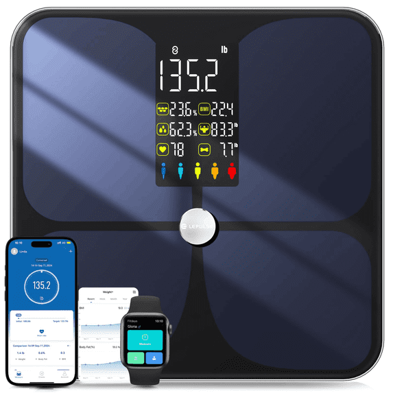 Lepulse Scale for Body Weight, Smart Digital Bathroom Weight Scale with BMI Body Fat Muscle Mass, 20 Body Composition Metrics,4.68"Large Display, Heart Rate, Accurate Bluetooth Weighing Scale wi/ App