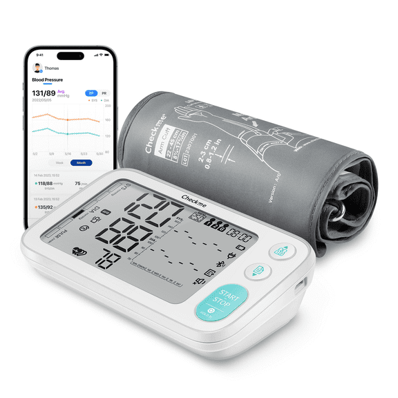 Checkme Upper Arm Blood Pressure Monitor, Accurate Automatic High Blood Pressure Machine With Free App, Large LCD Display, 2 Users, 250 Recordings, Irregular Heartbeat Reminder