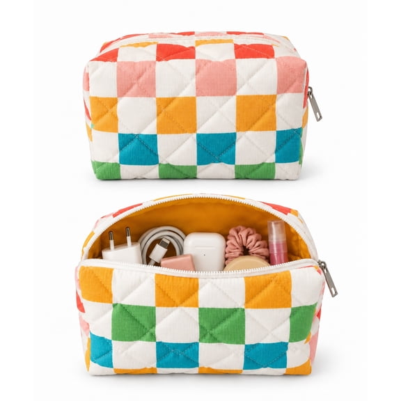 Durable Polycanvas Checks Printed Pouch , Soft Lining, Compact & Washable.