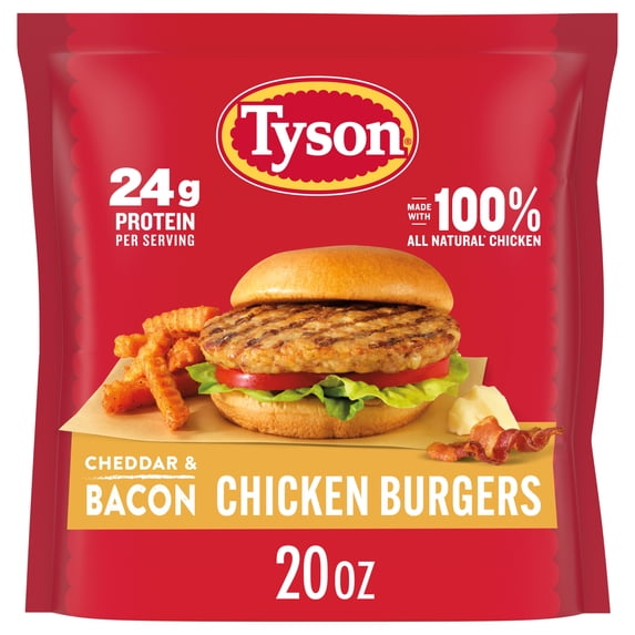 Tyson Cheddar & Bacon Chicken Burgers, 20 oz (Frozen, Fully Cooked)