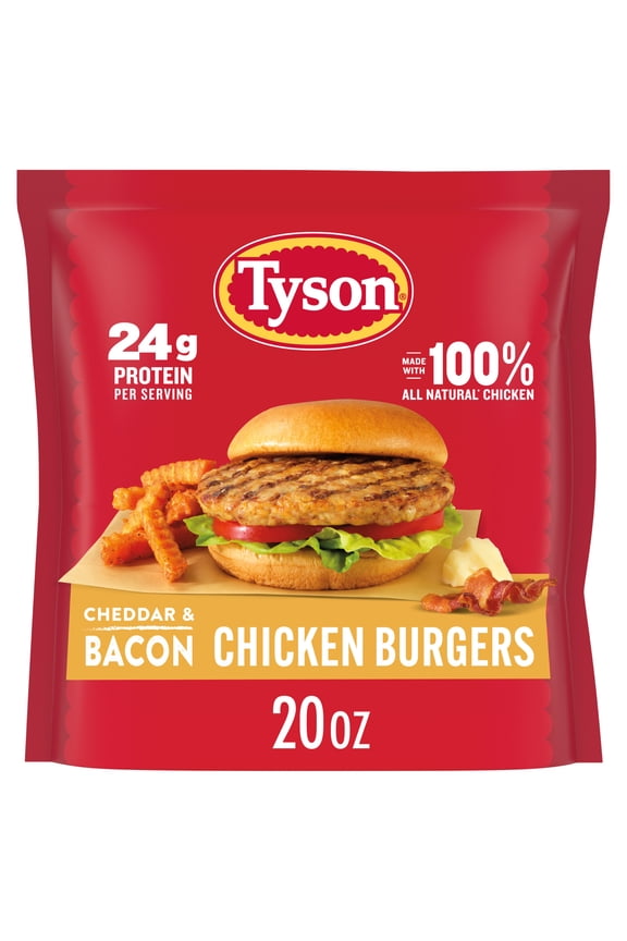 Tyson Cheddar & Bacon Chicken Burgers, 20 oz (Frozen, Fully Cooked)