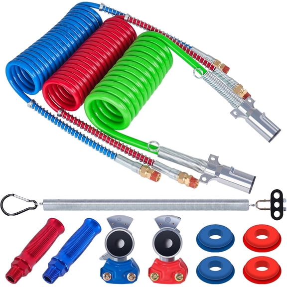 CheeMuii 15 Ft Coiled Air Brake Hoses & ABS Electrical Power Wire Assembly with Tender Spring Kit and Gladhands & Handles 3 in 1 Semi Truck Air Lines Kit Include 7 Way Trailer Cord and Air Hoses