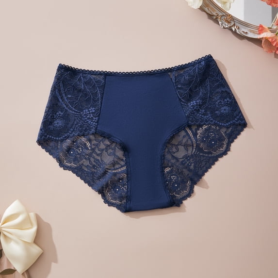 Cheeky Underwear Women's Large Size High Waist Breathable Thin Thong Lace Breathable Seamless Underwear Navy XL