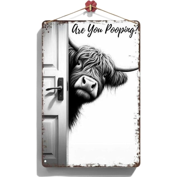 The Cheeky Visitor: Vintage Highland Cow Sign, Funny "Are You Pooping?" Bathroom Wall Decor for Barthroom Toilet Home Wall Art Decor for Western & Highland Cow Lovers(40*30cm)