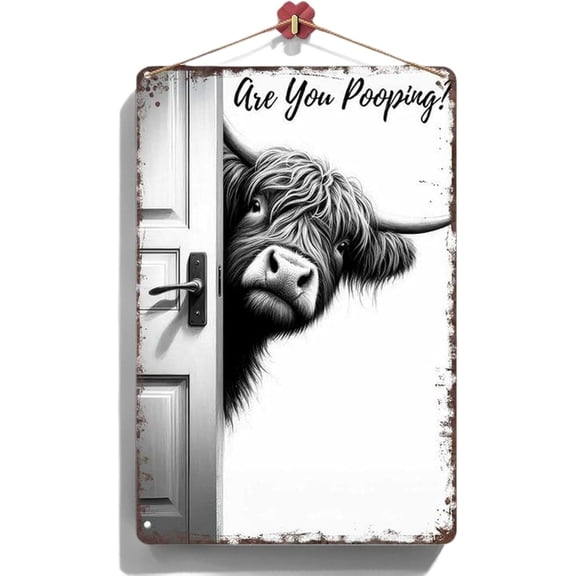 The Cheeky Visitor: Vintage Highland Cow Sign, Funny "Are You Pooping?" Bathroom Wall Decor for Barthroom Toilet Home Wall Art Decor for Western & Highland Cow Lovers (L (12 * 16in))
