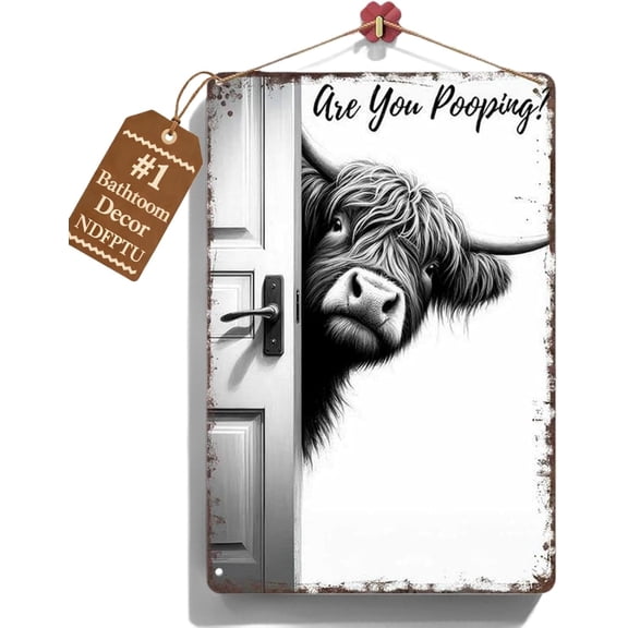 The Cheeky Visitor: Vintage Highland Cow Sign, Funny "Are You Pooping?" Bathroom Wall Decor for Barthroom Toilet Home Wall Art Decor for Western & Highland Cow Lovers