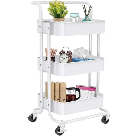 Cheelom 3 Tier Utility Cart, Rolling Metal Organization Cart with Handle and Lockable Wheels, Multifunctional Storage Shelves for Kitchen Living Room Office White